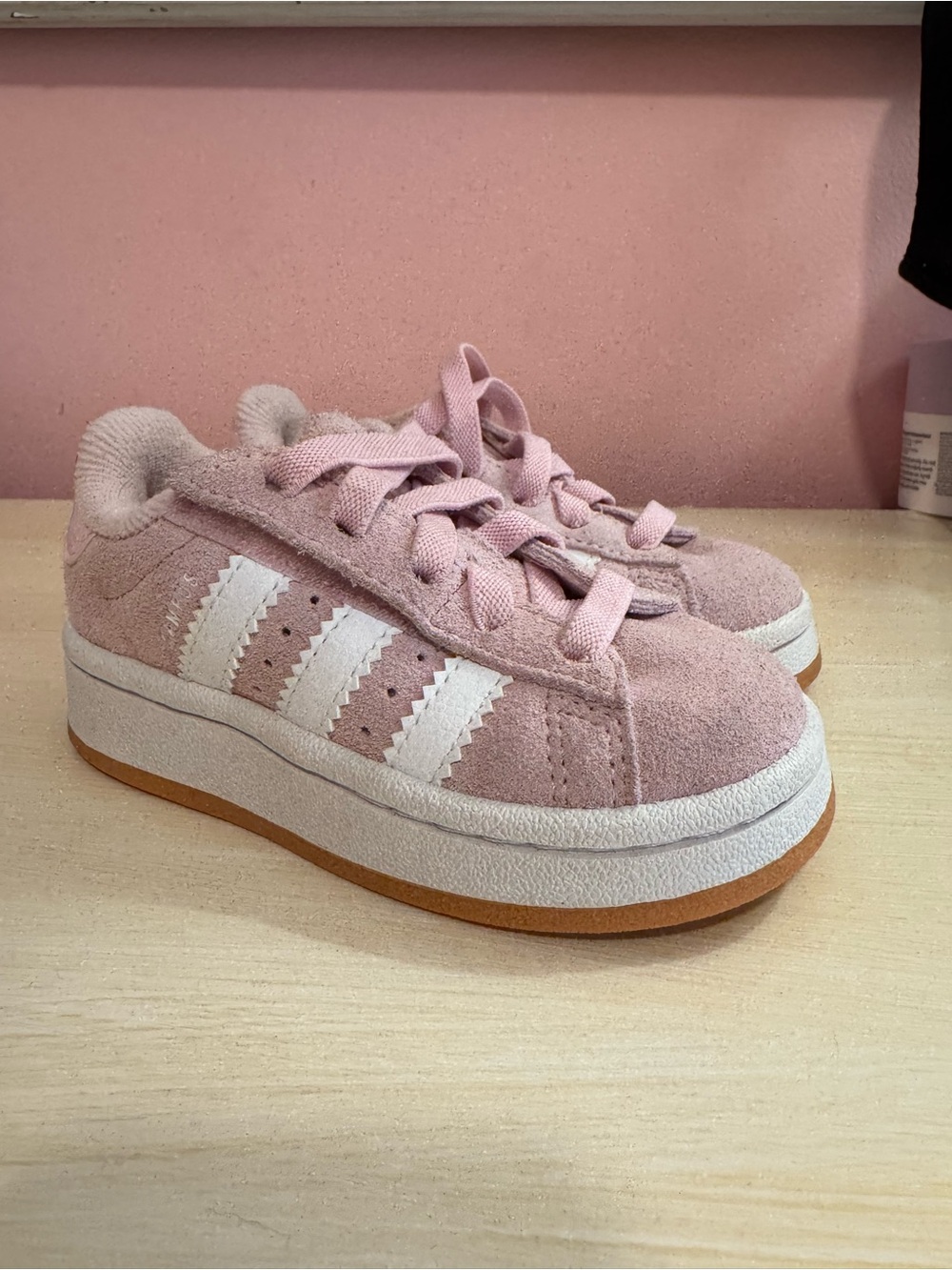 Adidas campus Kids Pink Suede Platform Sneakers with White Stripes